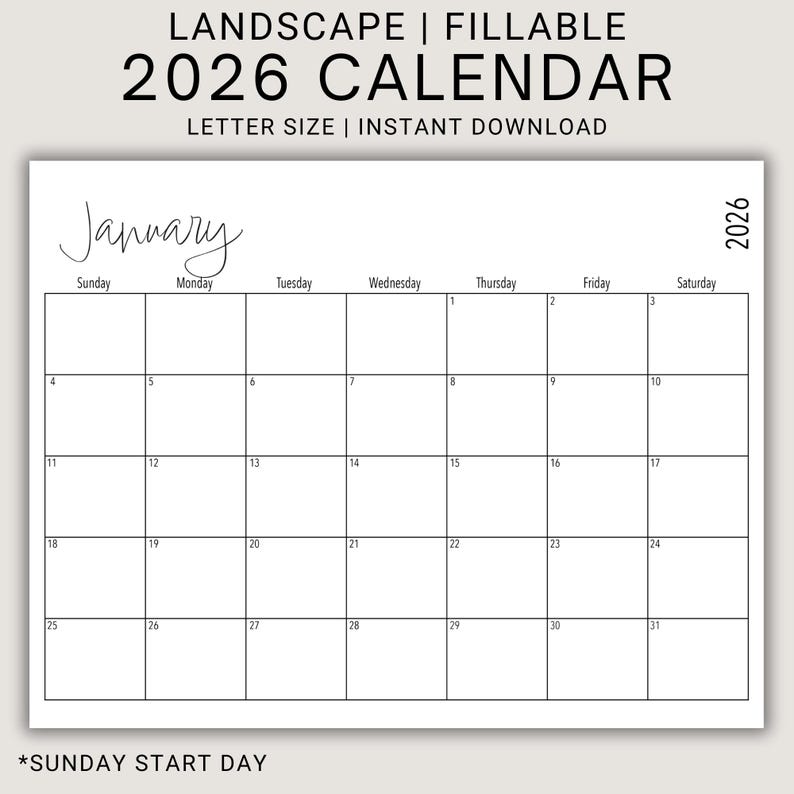 Printable Editable 2026 Calendar | Landscape US Letter | Horizontal ...