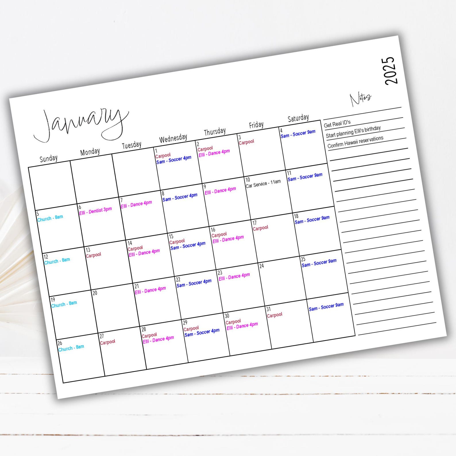 Printable Editable 2025 Calendar With Notes Landscape US Letter 2025