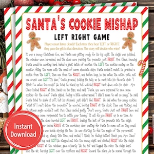 Pode incluir: Uma folha de jogo de Natal imprimível intitulada Santa's Cookie Mishap Left Right Game, com uma borda listrada de vermelho e verde, dois bonecos de gengibre e um texto de história com as palavras LEFT e RIGHT destacadas em cores.