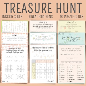 May include: A printable treasure hunt game for teenagers with 10 puzzle clues. The clues include a word scramble, a path puzzle, a grid puzzle, a pigpen cipher, and a morse code puzzle.