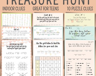Indoor Scavenger Hunt, Treasure Hunt for Graduation Gift, Scavenger Hunt for Birthday Gift, Teen Birthday Games, Puzzle Clues, Treasure Hunt