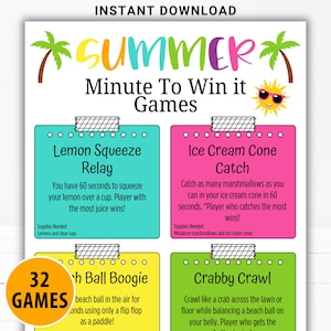 May include: A vibrant printable game sheet titled "SUMMER Minute To Win it Games." It features four game ideas: Lemon Squeeze Relay, Ice Cream Cone Catch, Beach Ball Boogie, and Crabby Crawl. The sheet includes a sun graphic and palm trees, perfect for summer fun.