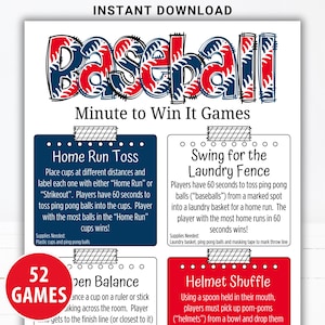 Può includere: Un foglio di gioco stampabile intitolato Baseball Minute to Win It Games con testo rosso e blu. Include le istruzioni per i giochi Home Run Toss, Swing for the Laundry Fence e Helmet Shuffle, con un badge circolare rosso 52 GAMES.
