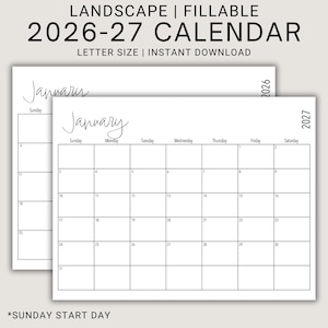 Printable Editable 2026-27 Calendar | Landscape US Letter | Horizontal Monthly Calendar | 12-Month Fillable Calendar