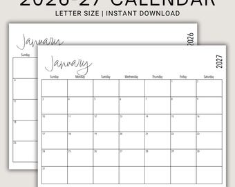 Printable Editable 2026-27 Calendar | Landscape US Letter | Horizontal Monthly Calendar | 12-Month Fillable Calendar