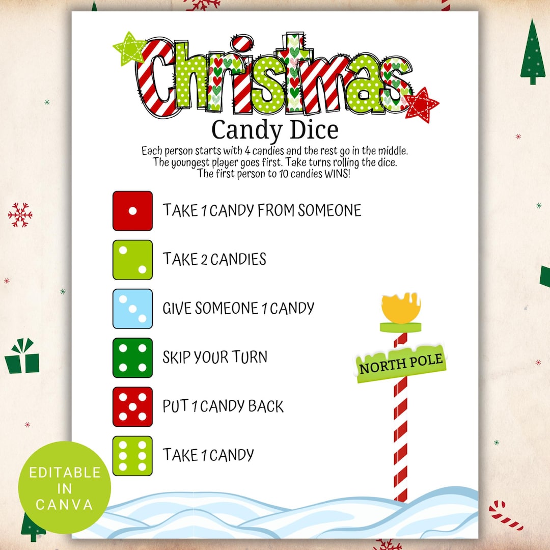 Christmas Candy Dice Game Printable | Editable Holiday Party Game for ...
