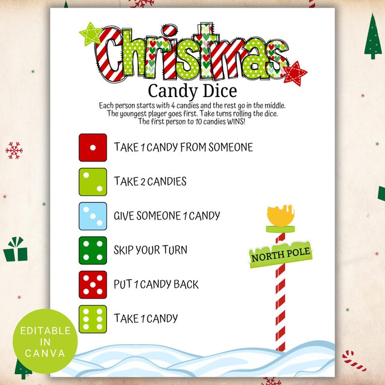 Christmas Candy Dice Game Printable | Editable Holiday Party Game for ...