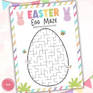 May include: A printable Easter egg maze activity sheet with a bunny, bees, and a carrot. The maze is labeled "Hard". Help the bunny get to his carrot!