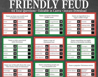 Editable Christmas Friendly Feud Game, Printable Holiday Party Game, Family Christmas Game Night, Office Party, 72 Questions, Canva Template