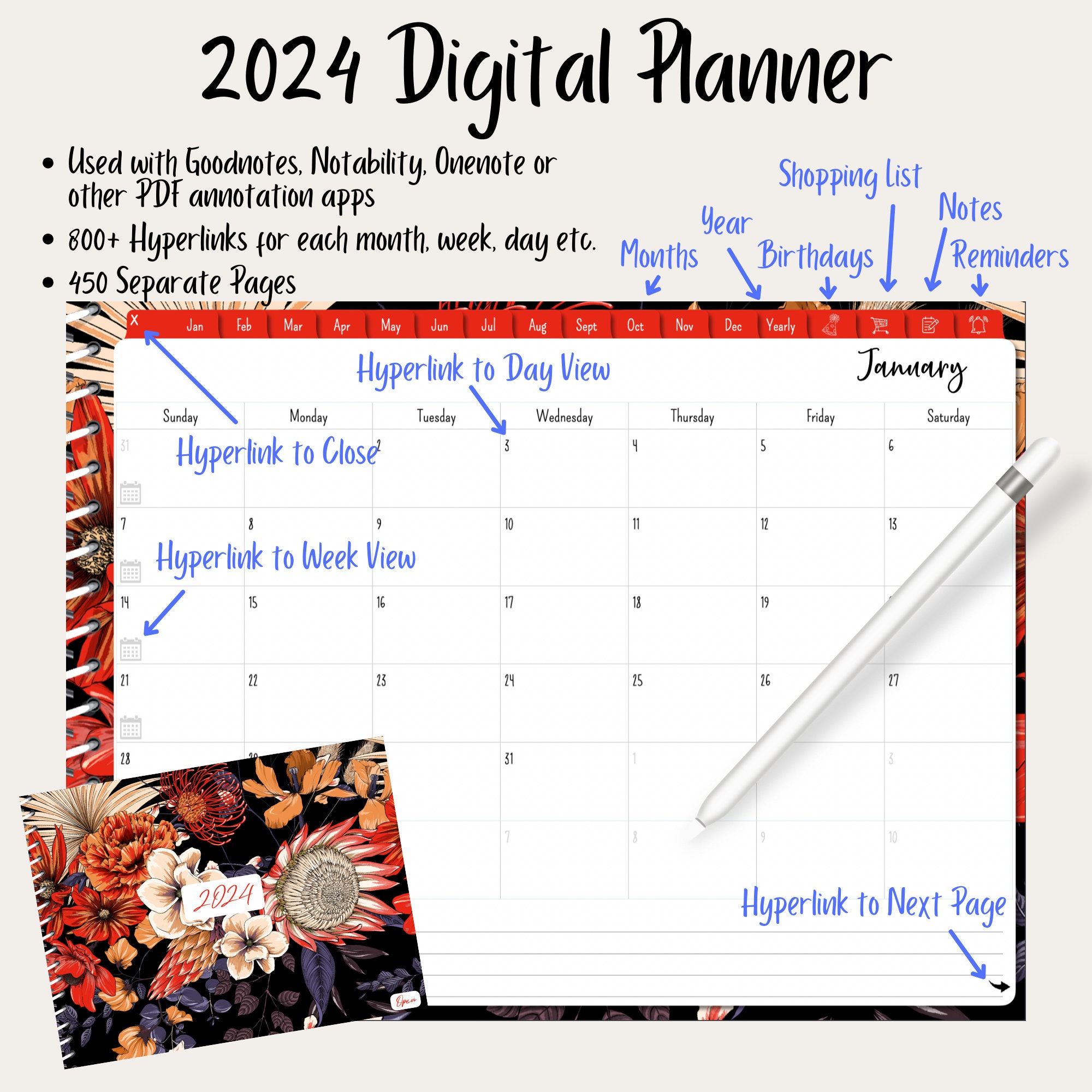2024 Digital Planner Beautiful 2024 Red Floral Monthly Calendar PDF