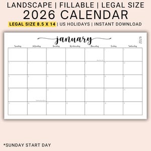 2026 Editable Calendar PDF | Fillable Monthly Planner Pages | Legal Size Layout | Printable Schedule Organizer | Download | CFWNH