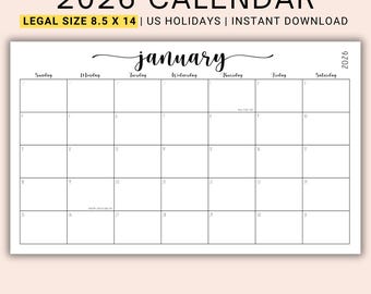 2026 Editable Calendar PDF | Fillable Monthly Planner Pages | Legal Size Layout | Printable Schedule Organizer | Download | CFWNH