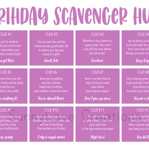 May include: A pink and white birthday scavenger hunt game with 12 clues. Each clue is written on a separate card with a pink background and white text. The clues are numbered 1 through 12. The game is designed to help people find hidden items around the house.