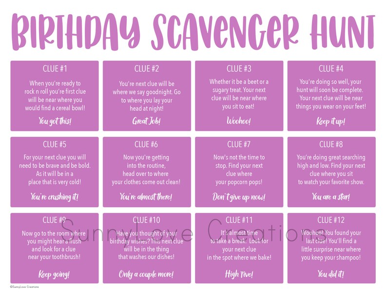 May include: A pink and white birthday scavenger hunt game with 12 clues. Each clue is written on a separate card with a pink background and white text. The clues are numbered 1 through 12. The game is designed to help people find hidden items around the house.