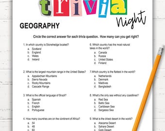 Printable Geography Trivia Game | Pub Trivia Game Night | Team Building Games | Coffee Shop or Bar Trivia Night | Family Game Night Trivia