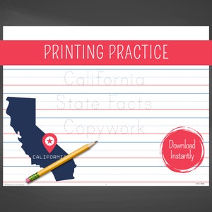 May include: Printable worksheet with dotted lines for tracing the words "California State Facts Copywork". The worksheet features a blue outline of the state of California with a red star marking its location. The text "Download Instantly" is in a red circle at the bottom right corner.