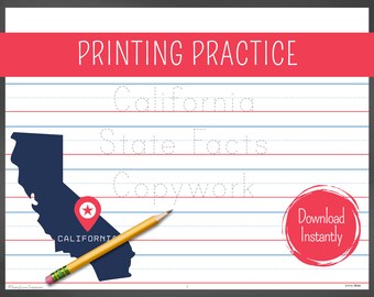 Può includere: Foglio di lavoro stampabile con linee tratteggiate per tracciare le parole "California State Facts Copywork". Il foglio di lavoro presenta un contorno blu dello stato della California con una stella rossa che ne indica la posizione. Il testo "Download Instantly" è in un cerchio rosso in basso a destra.