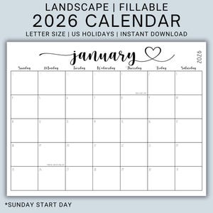 May include: A white 2026 calendar with the month of January displayed. The calendar is in a landscape orientation and includes the days of the week, dates, and US holidays. The text "LANDSCAPE | FILLABLE 2026 CALENDAR" is at the top.