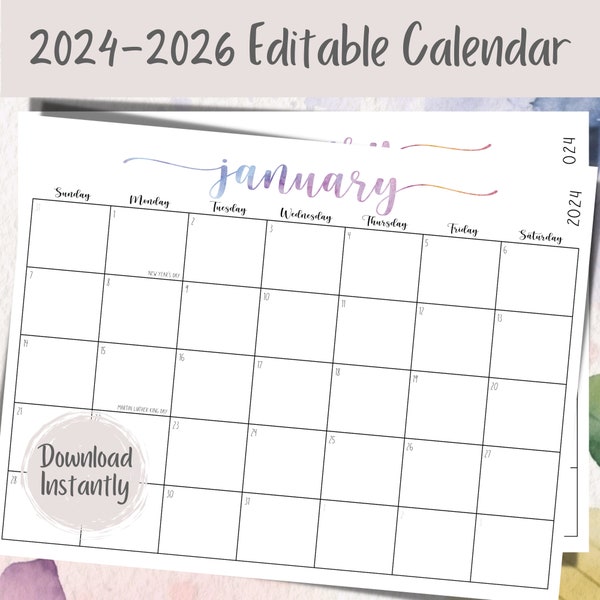 2024-2026 Calendar | 2024 Calendar PDF | 2024 Editable Calendar | Calendar 2024 Editable | Calendar Editable Template | Bundle | WCCFNH