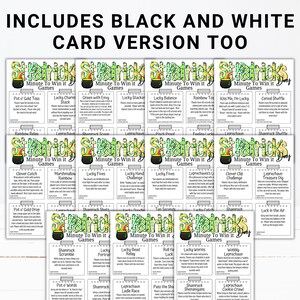 May include: A collection of St. Patrick's Day themed "Minute to Win It" game cards. Each card features a different game with instructions. The cards are decorated with shamrocks, pots of gold, and leprechauns. The text "Includes Black and White Card Version Too" is at the top.