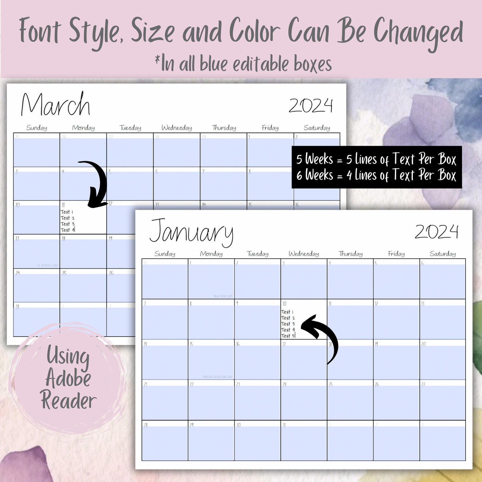 2024 Printable Calendar 2024 Calendar PDF 2024 Editable Calendar