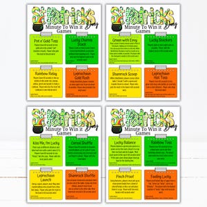May include: Four colorful St. Patrick's Day themed game cards. Each card features a different game with instructions and a title, such as "Pot o' Gold Toss" and "Lucky Charms Stack".
