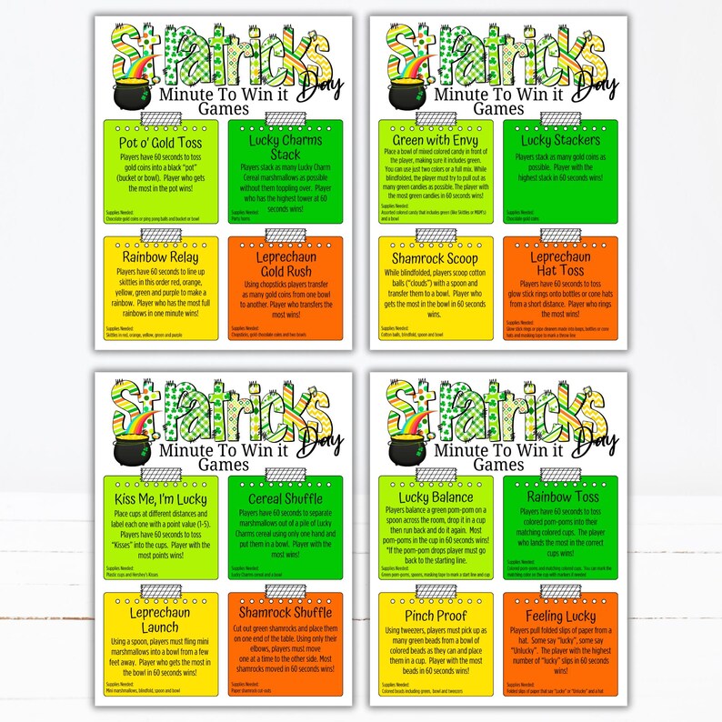 May include: Four colorful St. Patrick's Day themed game cards. Each card features a different game with instructions and a title, such as "Pot o' Gold Toss" and "Lucky Charms Stack".