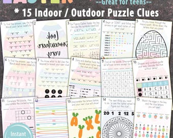 Può includere: Un set di 15 indizi di caccia al tesoro di Pasqua stampabili per adolescenti. Gli indizi sono progettati per essere utilizzati al chiuso o all'aperto e presentano una varietà di puzzle, tra cui una ricerca di parole, un codice, un labirinto e un puzzle numerico. Gli indizi sono stampati su uno sfondo rosa pastello, blu e giallo con un design di uovo di Pasqua colorato.