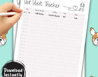 Vet Visit Tracker | Printable Puppy Vet Visit Log | Puppy Printable | Puppy Log | Dog Mom Gift| Dog Lover Gift | Dog Training Planner