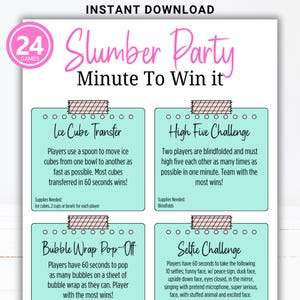 以下が含まれることがあります： スリーピングパーティー用の印刷可能なゲームカード24枚セット。カードはピンクとブルーで、白い文字が書かれています。ゲームには、氷の塊の移動、ハイファイブチャレンジ、プチプチのポップオフ、セルフィーチャレンジが含まれています。