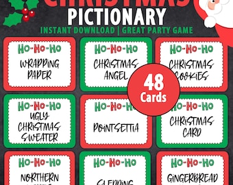 May include: A set of 48 Christmas Pictionary cards with red and green borders. The cards feature various Christmas-themed words and phrases, such as "wrapping paper", "Christmas angel", and "gingerbread house".