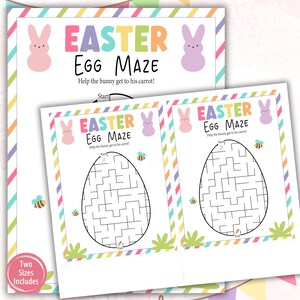 May include: Two printable Easter egg maze activity sheets featuring a bunny and the text "Easter Egg Maze" with instructions to help the bunny get to his carrot.