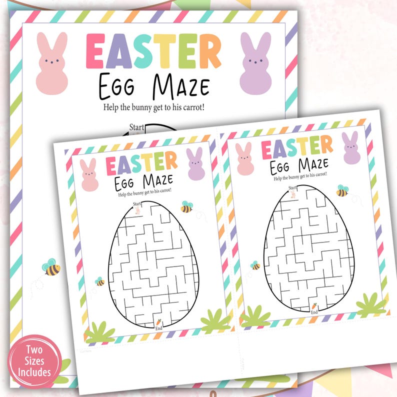 May include: Two printable Easter egg maze activity sheets featuring a bunny and the text "Easter Egg Maze" with instructions to help the bunny get to his carrot.