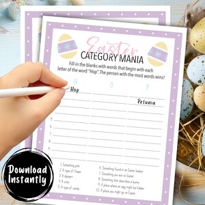 May include: A printable Easter game with a purple background and white polka dots. The game is called "Easter Category Mania" and asks players to fill in the blanks with words that begin with each letter of the word "Hop".