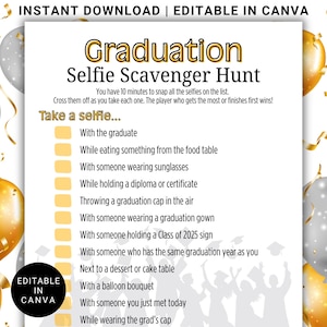 Juego de búsqueda del tesoro de selfies de graduación editable, imprimible, divertido desafío fotográfico, plantilla Canva, descarga instantánea en PDF.
