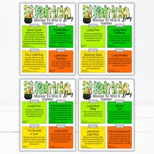 May include: A set of St. Patrick's Day Minute to Win It Games. Each game card features a colorful design with a pot of gold, a rainbow, and game instructions. The games include Clover Catch, Marshmallow Rainbow, and Lucky Fives.