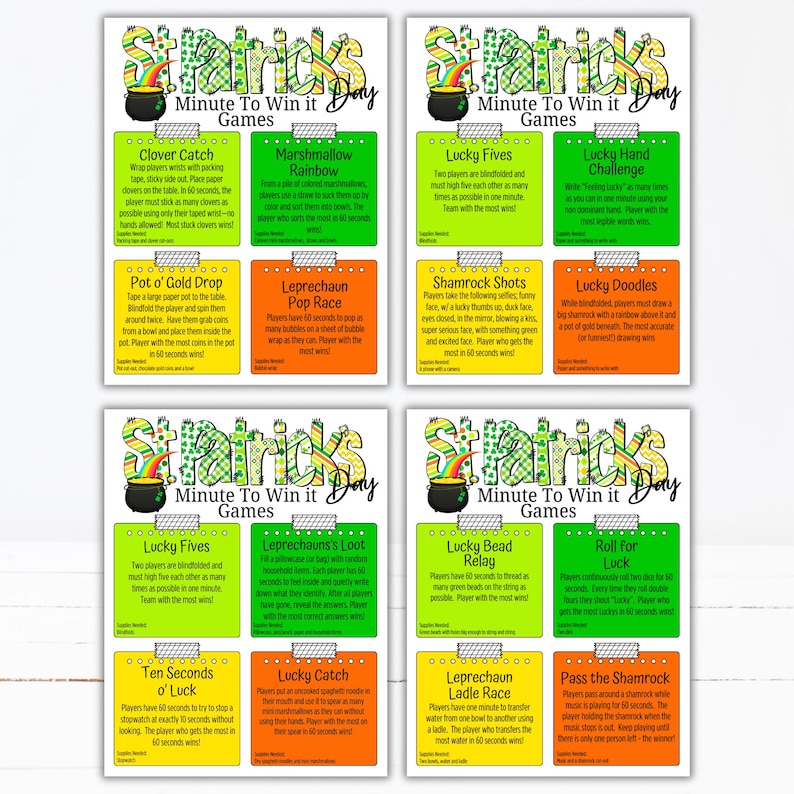 May include: A set of St. Patrick's Day Minute to Win It Games. Each game card features a colorful design with a pot of gold, a rainbow, and game instructions. The games include Clover Catch, Marshmallow Rainbow, and Lucky Fives.