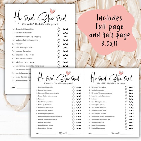 Bridal Shower Game Cards – He Said She Said Wedding Party Games, 25 Cards For Bachelorette & Engagement Parties