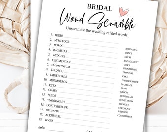 May include: A printable bridal shower game with a pink heart and the text "Bridal Word Scramble". The game asks players to unscramble wedding-related words. The words are listed in a numbered list on the left side of the page. A list of wedding-related words is on the right side of the page.
