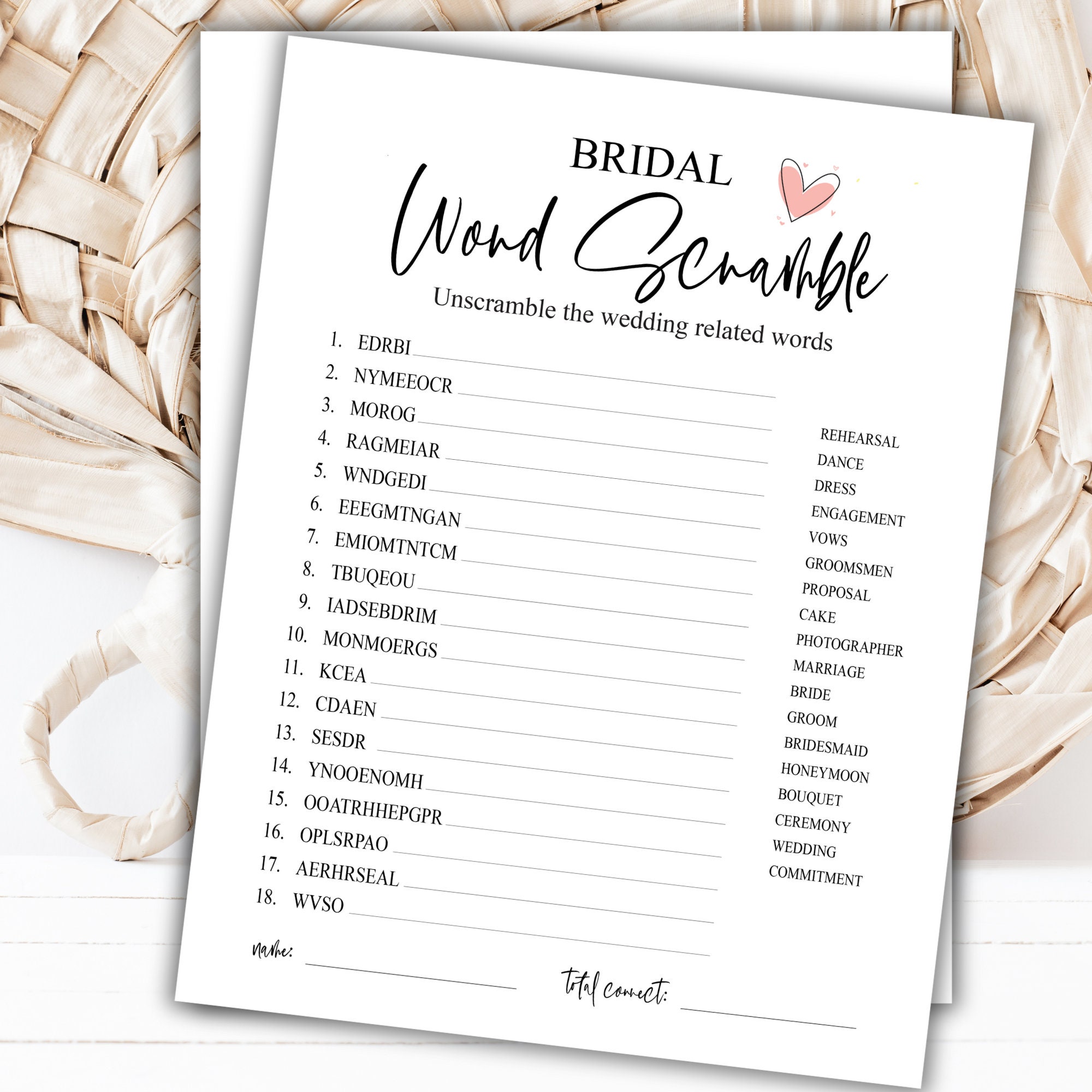 Minimalist Bridal Word Scramble | Wedding Shower Game With Heart Minimalist Bridal Word Scramble | Wedding Shower Game With Heart