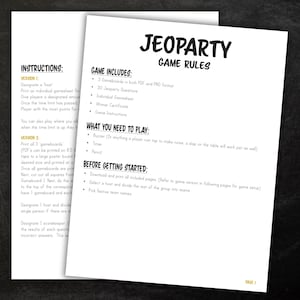 Op de afbeelding: Een afdrukbaar Jeopardy-spelregelsblad met instructies voor het spelen van het spel. Het blad bevat informatie over het opzetten van het spel, wat je nodig hebt om te spelen en hoe je kunt beginnen.