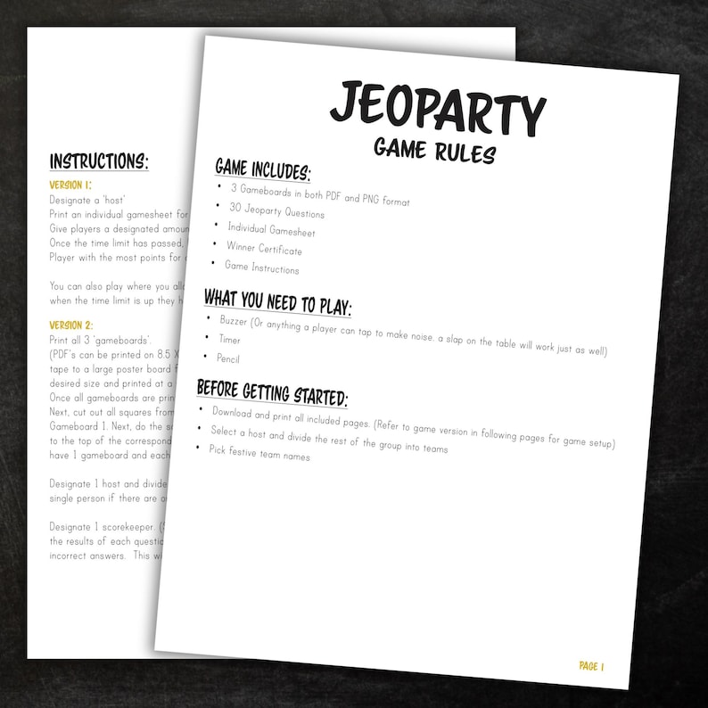 Op de afbeelding: Een afdrukbaar Jeopardy-spelregelsblad met instructies voor het spelen van het spel. Het blad bevat informatie over het opzetten van het spel, wat je nodig hebt om te spelen en hoe je kunt beginnen.