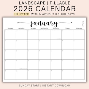 May include: A landscape-oriented, fillable 2026 calendar page for January. The header reads LANDSCAPE | FILLABLE 2026 CALENDAR US LETTER | WITH & WITHOUT U.S. HOLIDAYS. The grid shows days from Sunday to Saturday with dates and text for holidays.