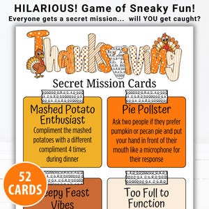 Op de afbeelding: Een Thanksgiving Secret Mission Cards spelblad met oranje en bruine tekst en kalkoenillustraties. Het blad bevat missietitels zoals Mashed Potato Enthusiast en Pie Pollster met instructies, plus een 52 cards badge.