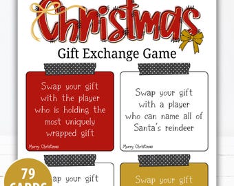 Könnte beinhalten: Ein druckbares Weihnachtsgeschenk-Austauschspiel mit dem Schriftzug "Christmas" in Rot und Gold. Das Spiel enthält 79 Karten und Anweisungen zum Tauschen von Geschenken. Der Text "Instant Download" steht oben. Perfekt für Feiern.