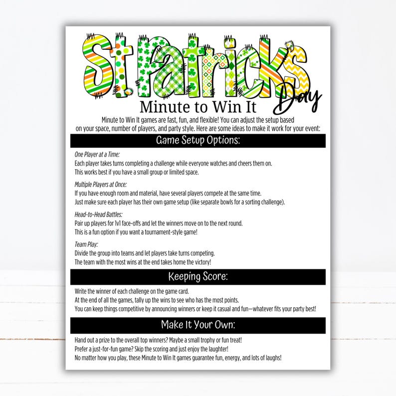May include: A white paper with the text "St. Patrick's Day Minute to Win It." The title is in green, yellow, and white. The paper includes game setup options, keeping score instructions, and ideas for prizes.