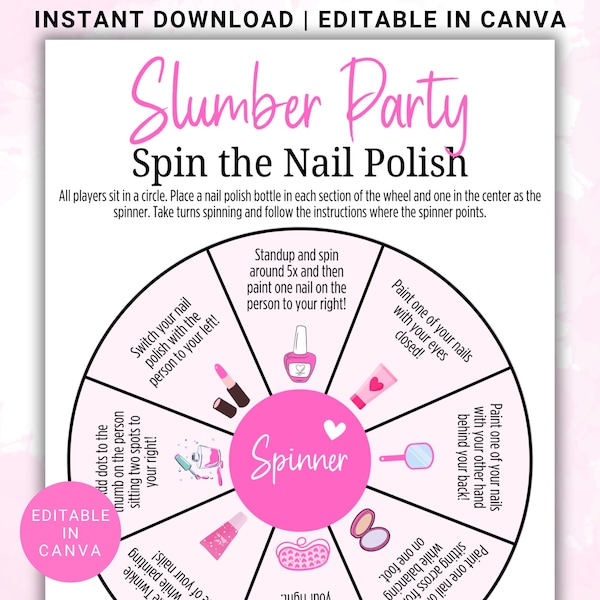 Fun Printable Spin the Nail Polish Game | Girl Teen or Tween Slumber Party Game | Printable Sleepover Party Game | Pajama Party Game