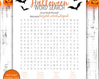 May include: A white Halloween word search puzzle sheet featuring orange and black text. The title reads Halloween Word Search with black bat illustrations. Below the grid, a list of words to find is printed in orange. An orange circle says Instant Download.