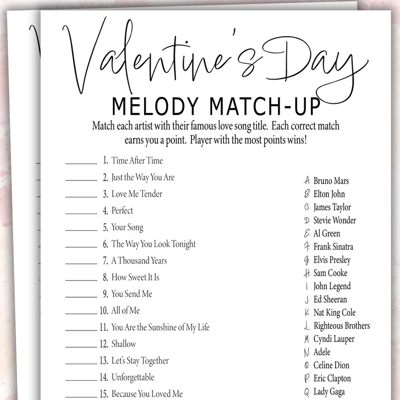 Singer Matching Game Valentines Printable Match the Love Song With the Artist Game | Black ...