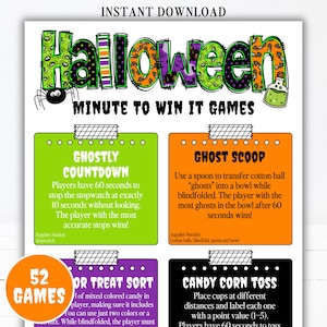 May include: A printable Halloween game sheet with the title "Halloween" in green, orange, and purple. The sheet includes instructions for several minute-to-win-it games, such as "Ghostly Countdown" and "Ghost Scoop". The sheet is designed for instant download.